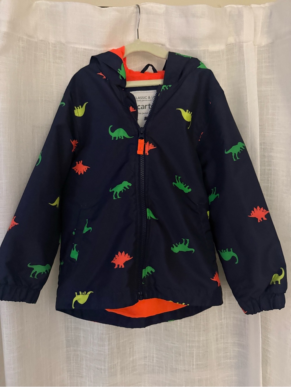 Carter's Navy Hooded Jacket with Green and Orange Dinosaur Print